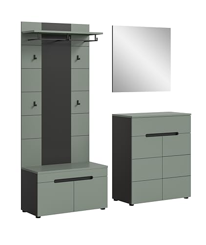 xonox.home - Garderobenkombination Canu 4tlg. 175x190x37 cm in Korpus Basalt grau Nb., Front Smoke Green Nb. - Garderobenschrank Garderobenmöbel Flurmöbel-Set Flursystem Stauraumlösung von xonox.home