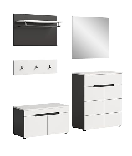 xonox.home - Garderobenkombination Canu 4tlg. 175x190x37 cm in Korpus Basalt grau Nb., Front weiß Nb. - Garderobenschrank Garderobenmöbel Flurmöbel-Set Flursystem Stauraumlösung von xonox.home