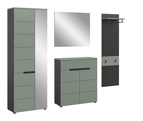 xonox.home - Garderobenkombination Canu 4tlg. 220x190x37 cm in Korpus Basalt grau Nb., Front Smoke Green Nb. - Garderobenschrank Garderobenmöbel Flurmöbel-Set Flursystem Stauraumlösung von xonox.home