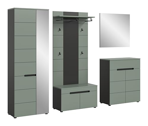 xonox.home - Garderobenkombination Canu 5tlg. 255x190x37 cm in Korpus Basalt grau Nb., Front Smoke Green Nb. - Garderobenschrank Garderobenmöbel Flurmöbel-Set Flursystem Stauraumlösung von xonox.home