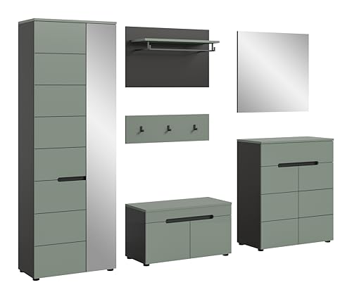 xonox.home - Garderobenkombination Canu 5tlg. 255x190x37 cm in Korpus Basalt grau Nb., Front Smoke Green Nb. - Garderobenschrank Garderobenmöbel Flurmöbel-Set Flursystem Stauraumlösung von xonox.home