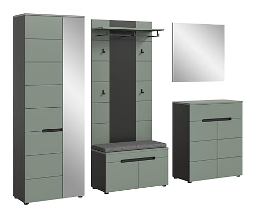 xonox.home - Garderobenkombination Canu 6tlg. 255x190x37 cm in Korpus Basalt grau Nb., Front Smoke Green Nb. - Garderobenschrank Garderobenmöbel Flurmöbel-Set Flursystem Stauraumlösung von xonox.home