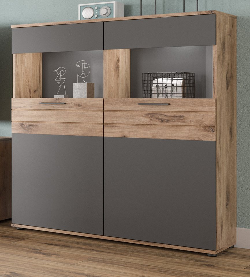 Highboard Mason (Kommode in Eiche mit Basalt grau, 110 x 122 cm), mit Soft-Close von xonox.home