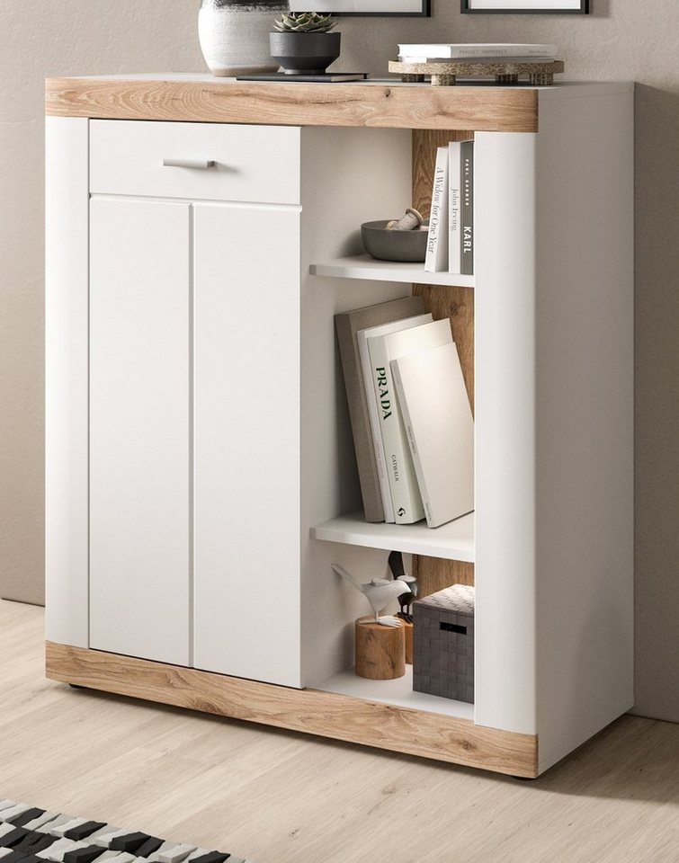 Inn.Furn Hochkommode Sopela (Kommode in weiß Landhaus mit Eiche, 91 x 104 cm), mit Soft-Close von Inn.Furn