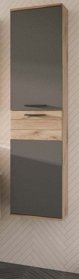 xonox.home Hochschrank Mason (Bad Hängeschrank in Eiche und grau, 37 x 152 cm) Türanschlag wechselbar, mit Soft-Close von xonox.home