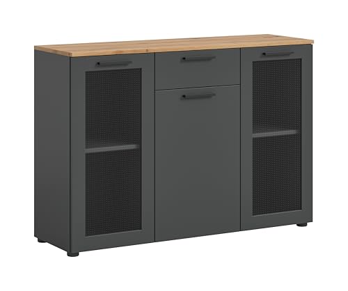 xonox.home Wohnzimmer Niklas Sideboard Kommode Schrank Aufbewahrungsmöbel in Basalt grau Nb. Abs. Artisan Eiche Nb/Glas, ca. 120x84x37 cm von xonox.home
