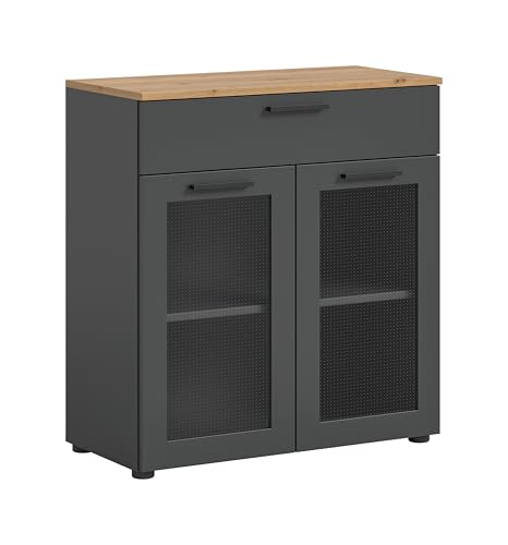 xonox.home Wohnzimmer Niklas Sideboard Kommode Schrank Aufbewahrungsmöbel in Basalt grau Nb. Abs. Artisan Eiche Nb/Glas, ca. 78x84x37 cm von xonox.home