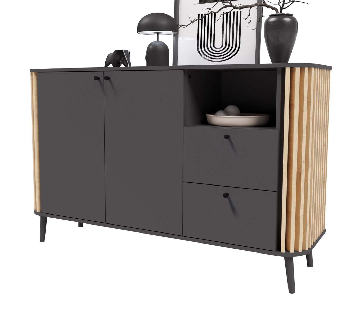 xonox.home Kommode Pure (Sideboard in matt grau mit Eiche Artisan, 138 x 88 cm), Retro Design von xonox.home