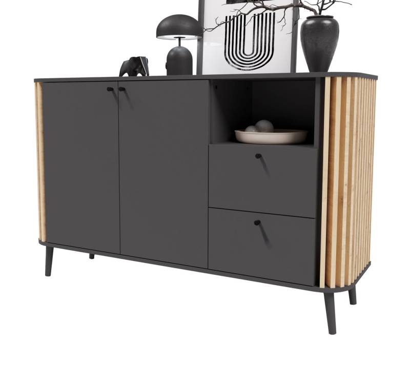 Inn.Furn Kommode Pretty (Sideboard in matt grau mit Eiche Artisan, 138 x 88 cm), Retro Design von Inn.Furn