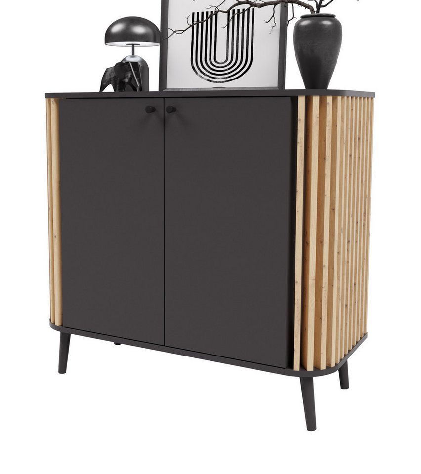 Inn.Furn Kommode Pretty (Sideboard in matt grau mit Eiche Artisan, 92 x 88 cm), Retro Design von Inn.Furn