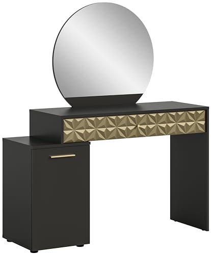 xonox.home Schminktisch Prisma Schminktisch mit Spiegel Frisiertisch Kosmetiktisch Schreibtisch in schwarz melamin, Absetzung Gold Nb. ca.117x138x42cm mit Spiegel und Schubkasten von xonox.home