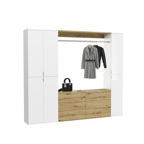 xonox.home Projekt X Systemmöbel Garderobe Ankleidezimmer Büro Kombination 3tlg. in Front weiß Hochglanz/Spiegel Korpus Artisan Eiche Nb. von xonox.home