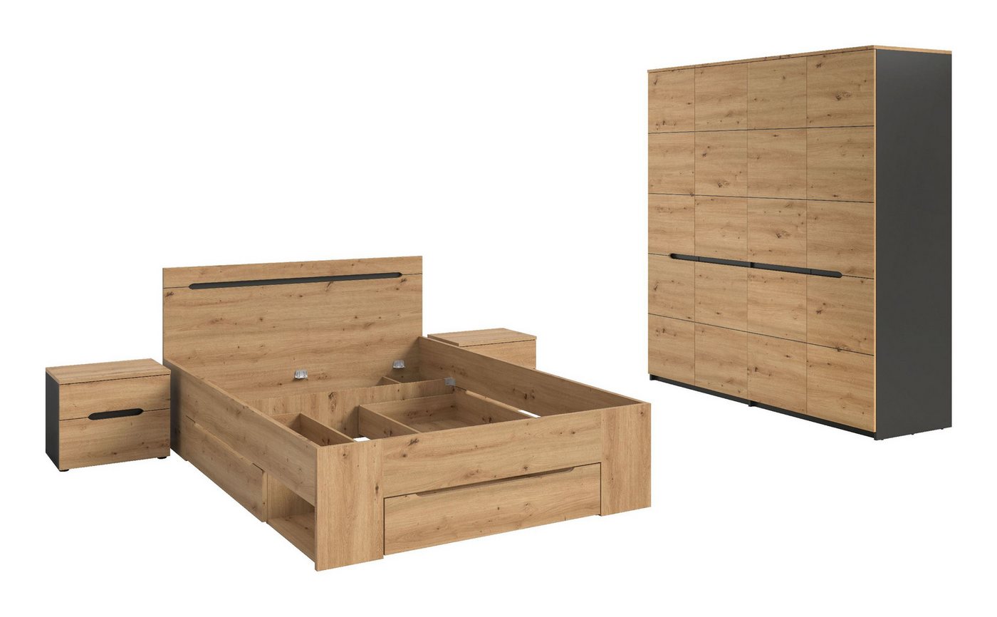 xonox.home Schlafzimmer-Set Canu, (4tlg. Set inkl. Nachtkommoden, Bett 140X200, Kleiderschrank), Basalt grau Nachbildung Melamin beschichtet modern 0x0x0 cm von xonox.home