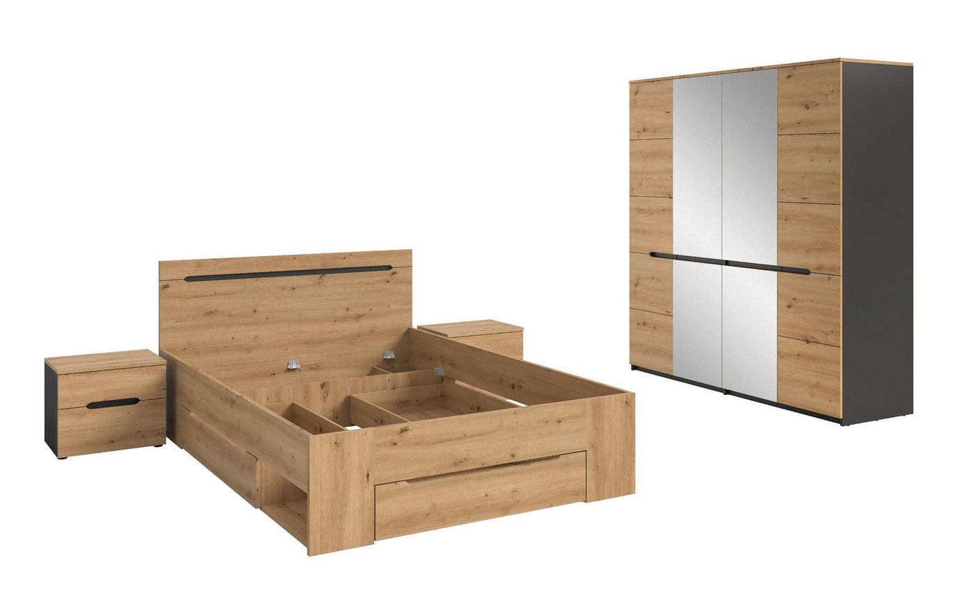 xonox.home Schlafzimmer-Set Canu, (4tlg. Set inkl. Nachtkommoden, Bett 140X200, Kleiderschrank), Basalt grau Nachbildung Melamin beschichtet modern 0x0x0 cm von xonox.home