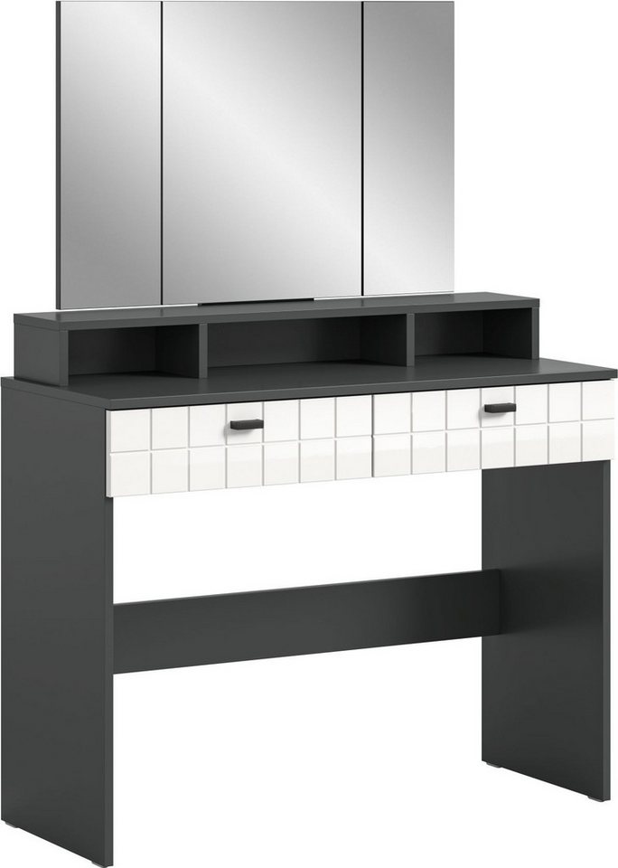 xonox.home Schminktisch (3tlg. Set bestehend aus Schminktisch, Aufsatz, Spiegel), Anthrazit Nachbildung Weiß Hochglanz Melamin Modern 100x142x42 cm von xonox.home