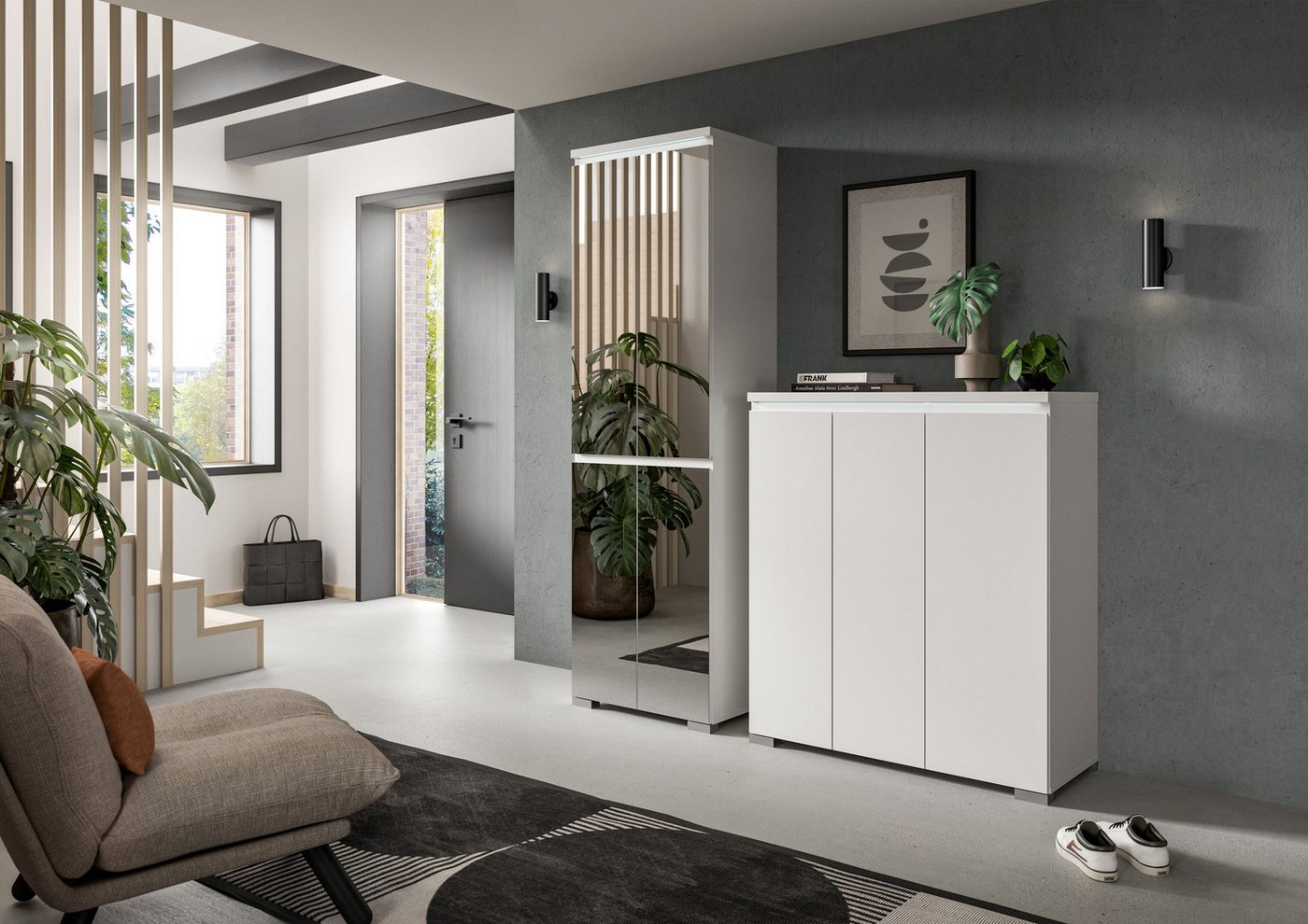 xonox.home Schuhschrank (2tlg. Set bestehend aus Schuhschrank mit Spiegel, Schuhschrank) Weiß Softclose Melamin Modern 170x194x40 cm von xonox.home