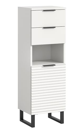 xonox.home Badezimmer Riff Kommode Schrank Standschrank schmaler Badezimmerschrank Badschrank schmal in weiß ca. 35x110x34 cm auf schwarzen Kufen von xonox.home