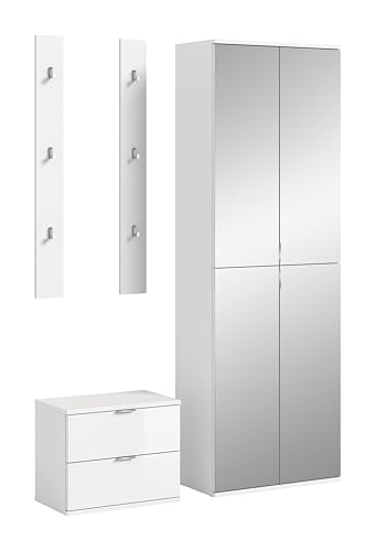 xonox.home Systemmöbel Projekt X 4tlg. Kombination Garderobe Ankleidezimmer Schranklösung Büro Ordnungssystem in Front weiß Hochglanz/Spiegel Korpus weiß Nb., ca.128x191x37 cm von xonox.home