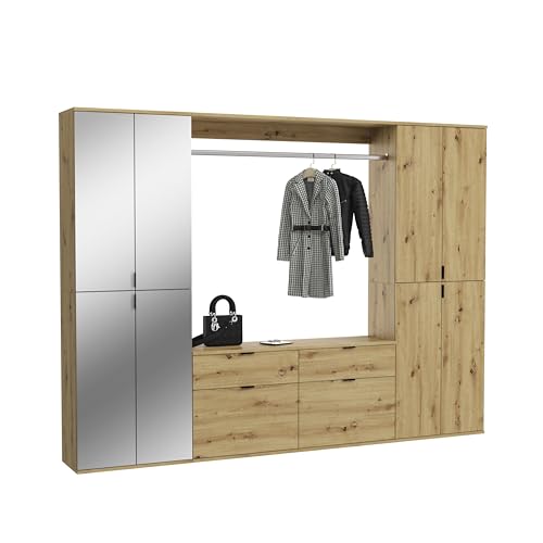 xonox.home Systemmöbel Projekt X 4tlg. Kombination Garderobe Ankleidezimmer Schranklösung Büro Ordnungssystemin Front Artisan Eiche Nb./Spiegel Korpus Artisan Eiche Nb., ca. 243x193x34cm von xonox.home