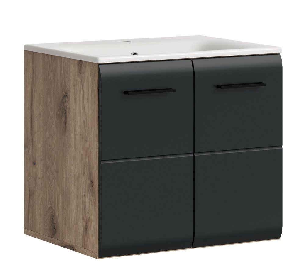 xonox.home Waschbeckenunterschrank Waschtisch Ice inkl. Waschbecken, Nox Oak / schwarz matt (1-St) Badmöbel von xonox.home