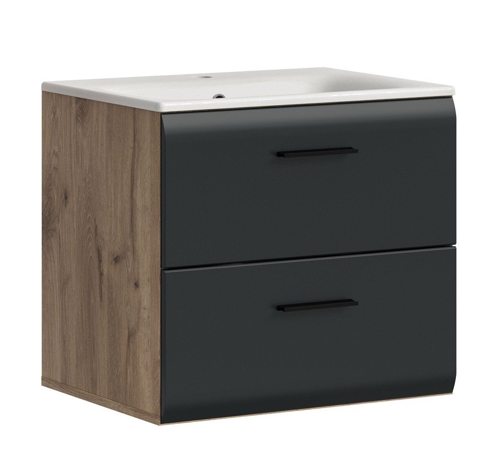 xonox.home Waschbeckenunterschrank Waschtisch Ice inkl. Waschbecken, Nox Oak / schwarz matt (1-St) Badmöbel von xonox.home