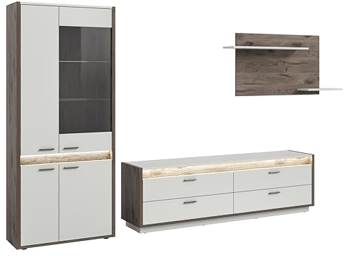 xonox.home Wohnen Falcona 3tlg.-Set Wohnkombination Möbel Set Front hellgrau Nb. Korpus Nox Oak dunkel Nb. von xonox.home