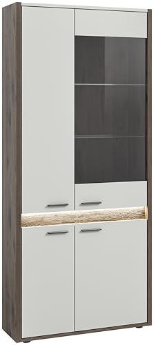 xonox.home Wohnzimmer Falcona Vitrine Glas Schrank Glasvitrine Vitrinenschrank Schukasten Front hellgrau Nb. Korpus Nox Oak Eiche dunkel Nb.ca.82x198x37cm inkl. Frontbeleuchtung von xonox.home