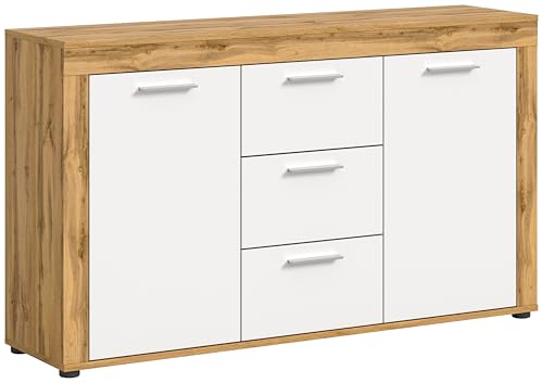 xonox.home - Sideboard Jam 125x80x35 cm in Front weiß Melamin Korpus Wotan Eiche Nb - Lowboard Wohnzimmerschrank Anrichte - modern, geräumig und funktional von xonox.home