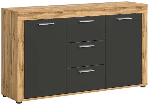 xonox.home Wohnzimmer Jam Sideboard Schrank Lowboard Wohnzimmerschrank Anrichte Stauraumschrank in Front grau Nb. Korpus/Absetzung Wotan Eiche Nb., ca.125x80x35 cm von xonox.home