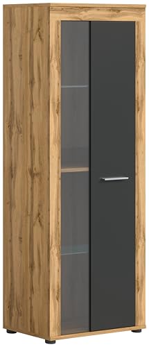 xonox.home Wohnzimmer Jam Vitrine Glasvitrine Dekoschrank Glas-Kommode Stauraumschrank in Front grau Nb. Korpus/Absetzung Wotan Eiche Nb., ca.60x159x35 cm von xonox.home