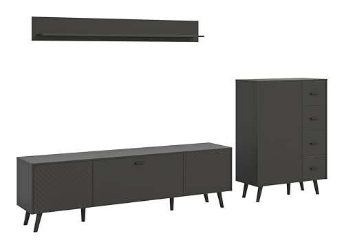 xonox.home Wohnzimmer Linea 3tlg. Set Wohnkombination Wohnwand Wohnzimmermöbel Wohnzimmerschrank Möbelkombination Wohnzimmerset in Front grau matt tiefzieh Korpus grau melamin Absetzung schwarz von xonox.home