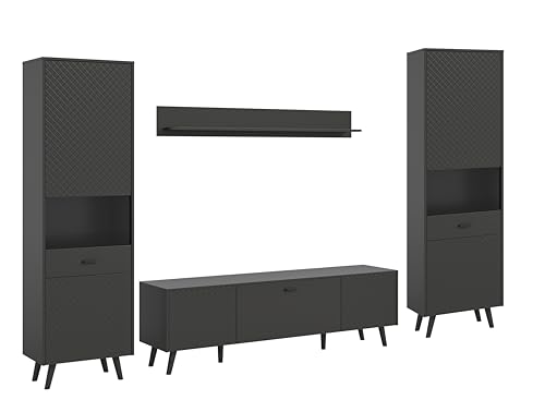 xonox.home Wohnzimmer Linea 4tlg. Set Wohnkombination Wohnwand Wohnzimmermöbel Wohnzimmerschrank Möbelkombination Wohnzimmerset in Front grau matt tiefzieh Korpus grau melamin Absetzung schwarz von xonox.home