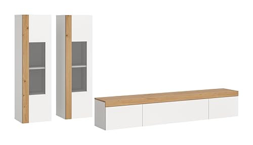 xonox.home Wohnzimmer Ruda 3tlg. Set Wohnkombination Wohnwand Wohnzimmermöbel Wohnzimmerschrank Möbelkombination Wohnzimmerset in weiß Nb. Absetzung Artisan Eiche hängend von xonox.home