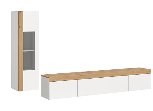 xonox.home Wohnzimmer Ruda 2tlg. Set Wohnkombination Wohnwand Wohnzimmermöbel Wohnzimmerschrank Möbelkombination Wohnzimmerset in weiß Nb. Absetzung Artisan Eiche hängend von xonox.home