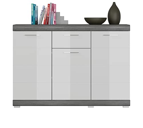 xonox.home Wohnzimmer Scout Sideboard Kommode Schrank Highboard Anrichte in Front weiß Hochglanz Korpus rauchsilber Nb., ca.120x85x37 cm von xonox.home