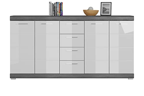 xonox.home Wohnzimmer Scout Sideboard Kommode Schrank Highboard Anrichte in Front weiß Hochglanz Korpus rauchsilber Nb.,ca.165x85x37 cm von xonox.home