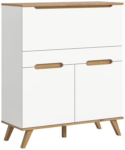 xonox.home Wohnzimmer Stockholm Sekretär Schreibschrank Schrank Stauraumschrank in weiß Absetzung Nox Oak, ca.100x118x40 cm von xonox.home
