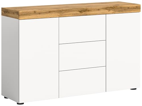 xonox.home Wohnzimmer Sugar Sideboard Kommode Schrank Anrichte Stauraumschrank in weiß melamin Absetzung Wotan Eiche melamin, ca.125x80x37 cm von xonox.home