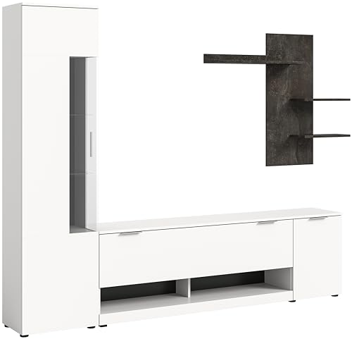 xonox.home - Wohnwand Ben 250x190x35 cm in weiß Absetzung Beton grau Nb - Wohnwand TV-Möbel Wohnkombination Wohnzimmermöbel - modern und funktional von xonox.home
