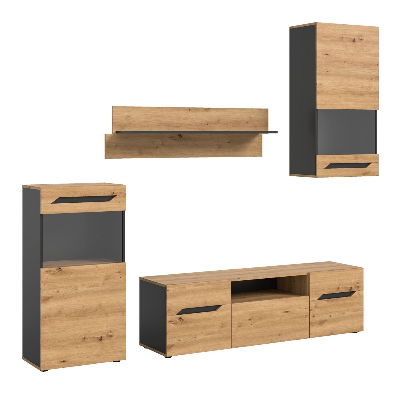 xonox.home Wohnwand Caserta, (4tlg. Set inkl. Vitrine, Wandboard, Lowboard), Basalt grau Nachbildung modern 253x196x40 cm von xonox.home
