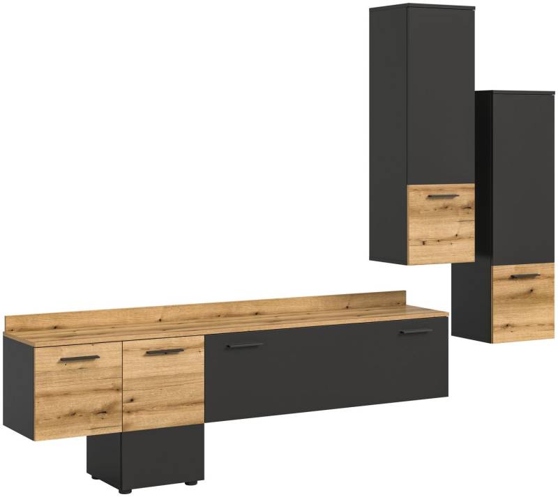 xonox.home Wohnwand Goal, (1tlg. Set bestehend aus Lowboard, 2x Vitrine), Grau Für TV Bis 65 Zoll Softclose Melamin 247x196x37 cm von xonox.home