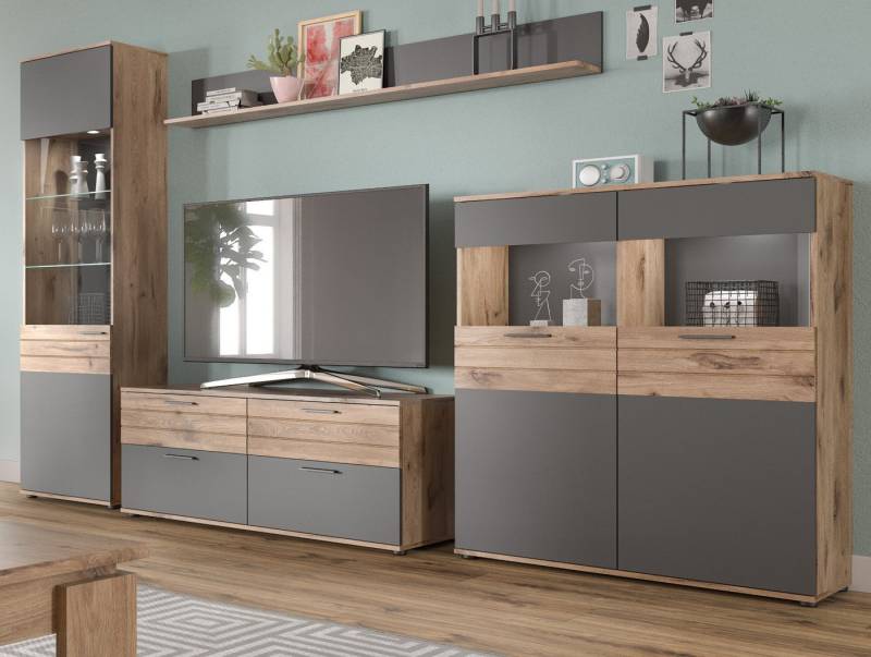 Inn.Furn Wohnwand Tomaso, (Wohnzimmer Set 4-teilig, Eiche und Basalt grau, BxH 330 x 200 cm), mit Soft-Close von Inn.Furn