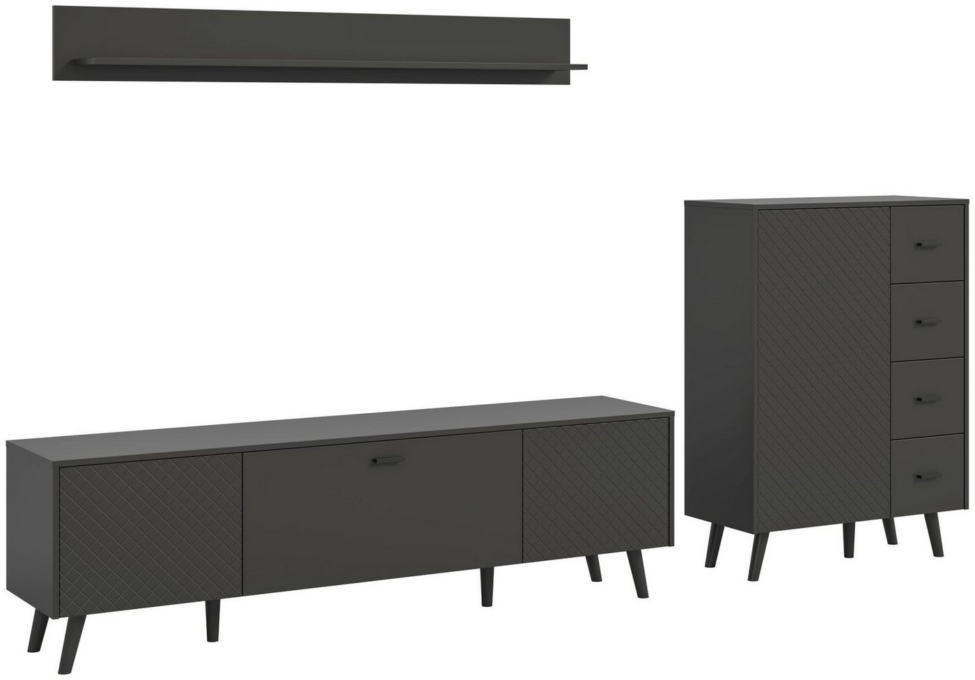 xonox.home Wohnwand Wohnkombination Linea, (3tlg. Set bestehend aus Lowboard, Wandboard, Kommode), Grau Matt Push To Open Melamin Modern 269x175x40 cm von xonox.home