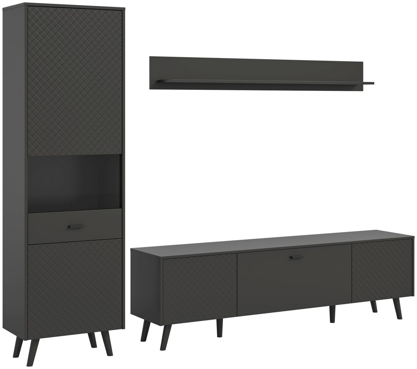 xonox.home Wohnwand Wohnkombination Linea, (3tlg. Set bestehend aus Vitrine, Lowboard, Wandboard), Grau Matt Push To Open Melamin Modern 258x195x40 cm von xonox.home