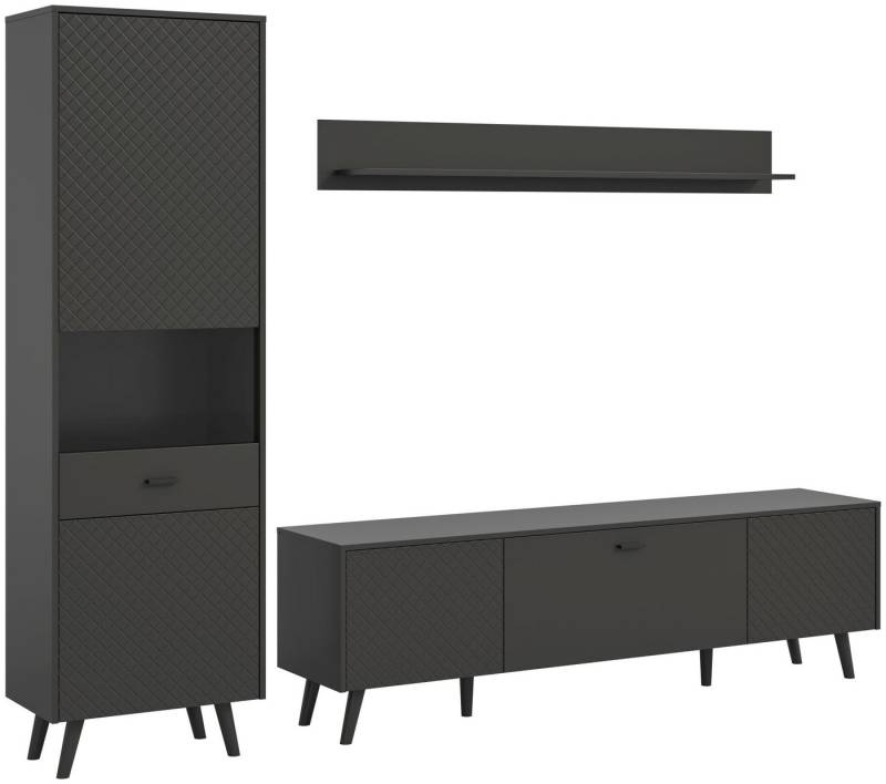 xonox.home Wohnwand Wohnkombination Linea, (3tlg. Set bestehend aus Vitrine, Lowboard, Wandboard), Grau Matt Push To Open Melamin Modern 258x195x40 cm von xonox.home