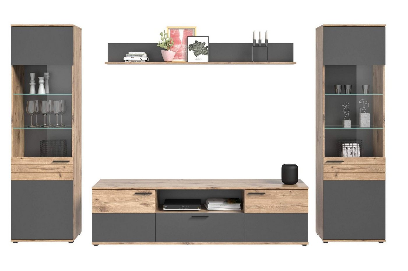 xonox.home Wohnwand Wohnkombination MASON W02 4-teilig - Eiche und Basalt grau, (Komplett-Set, 4-St., Vitrine, Vitrine, Lowboard, Wandboard) von xonox.home