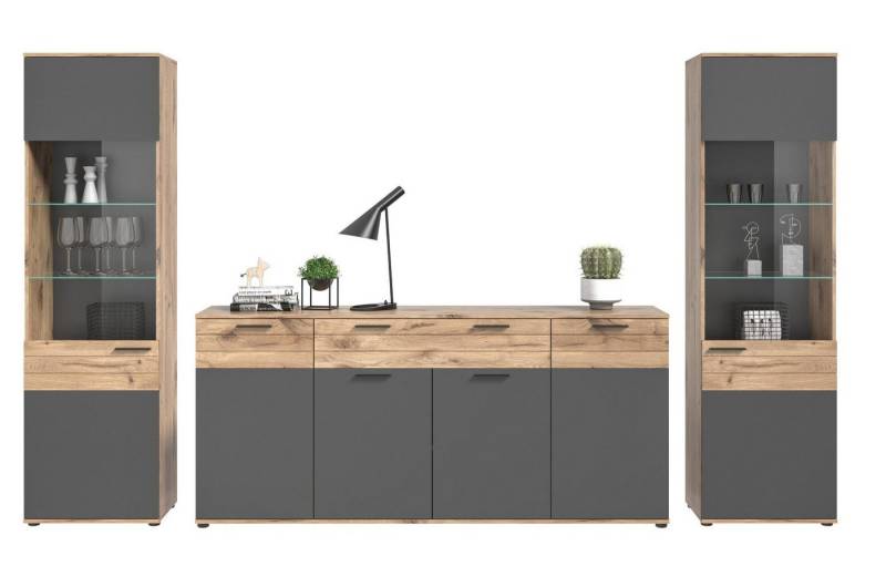 xonox.home Wohnwand Wohnkombination MASON W03 3-teilig - Eiche und Basalt grau, (Komplett-Set, 3-St., Vitrine, Vitrine, Sideboard) von xonox.home