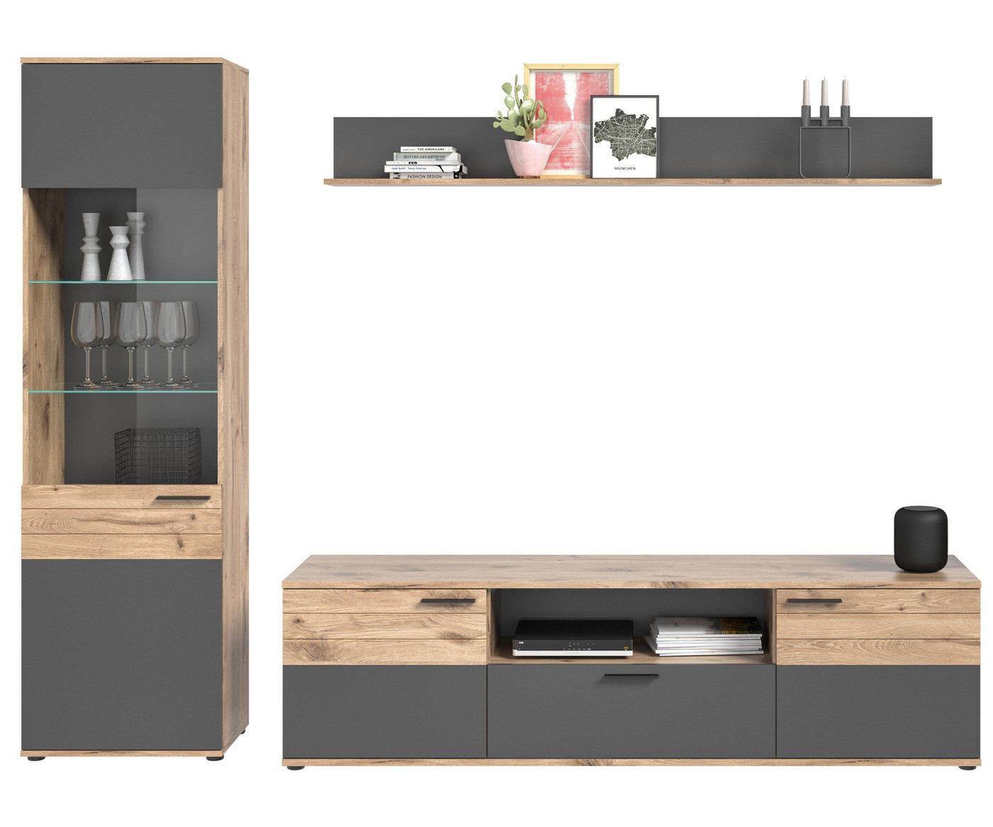 xonox.home Wohnwand Wohnkombination MASON W04 3-teilig - Eiche und Basalt grau, (Komplett-Set, 3-St., Vitrine, Lowboard, Wandboard) von xonox.home