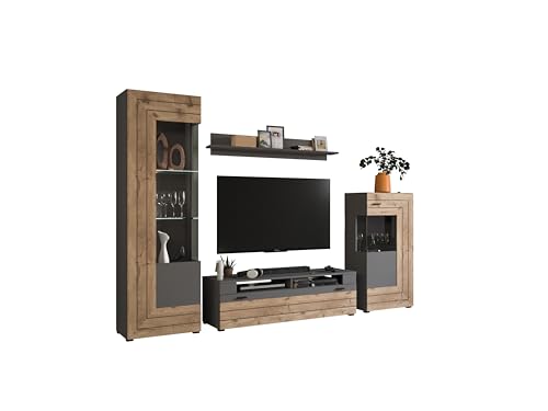 xonox.home Wohnzimmer Freno 4tlg. Set Wohnkombination Wohnwand Wohnzimmermöbel Wohnzimmerschrank Möbelkombination Wohnzimmerset in grau Nb.Absetzung Nox Oak Nb. von xonox.home
