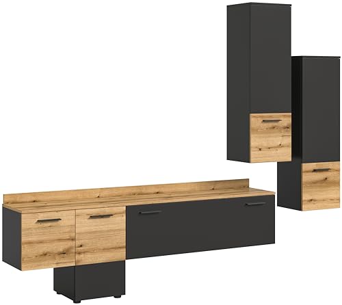 xonox.home Wohnzimmer Goal 3tlg. Set Wohnkombination Wohnwand Wohnzimmermöbel Wohnzimmerschrank Möbelkombination Wohnzimmerset in grau Nb. Abs. Evoke Oak Nb. Hängend von xonox.home